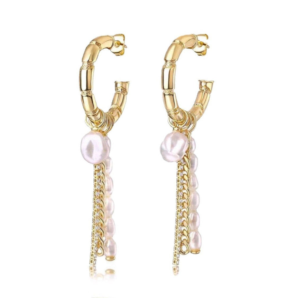 Skeletal C-Shaped Pearl And Chain Dangle Earrings