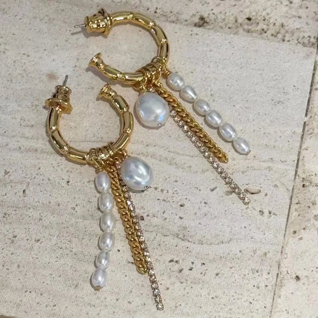 Skeletal C-Shaped Pearl And Chain Dangle Earrings